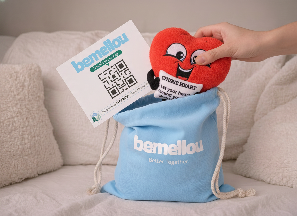 Vita the Mellou plushie being lifted out of a sky blue Bemellou drawstring bag, with the Step Zero QR card visible inside, on a cozy couch